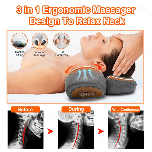 3 In 1 Neck Massager Pillow Electric Cervical Pillow Lifting Traction Relax Hot Compress Vibration Massage Neck Pain Relief